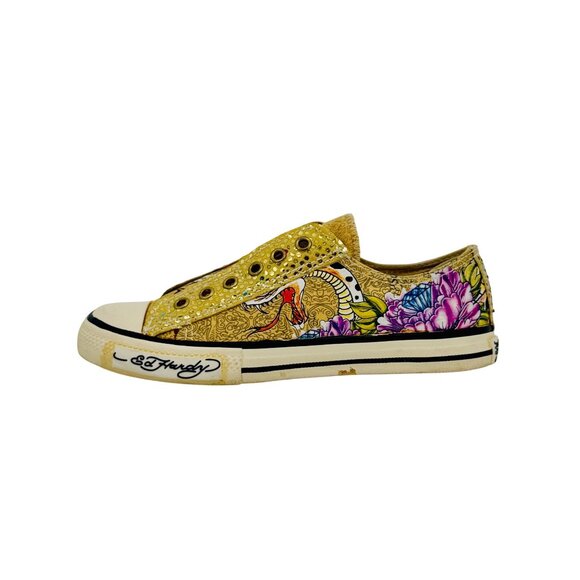 Vtg Y2K Ed Hardy Yellow Canvas Sneakers| McBling Grunge Sleaze Baddie Streetwear - Picture 10 of 16
